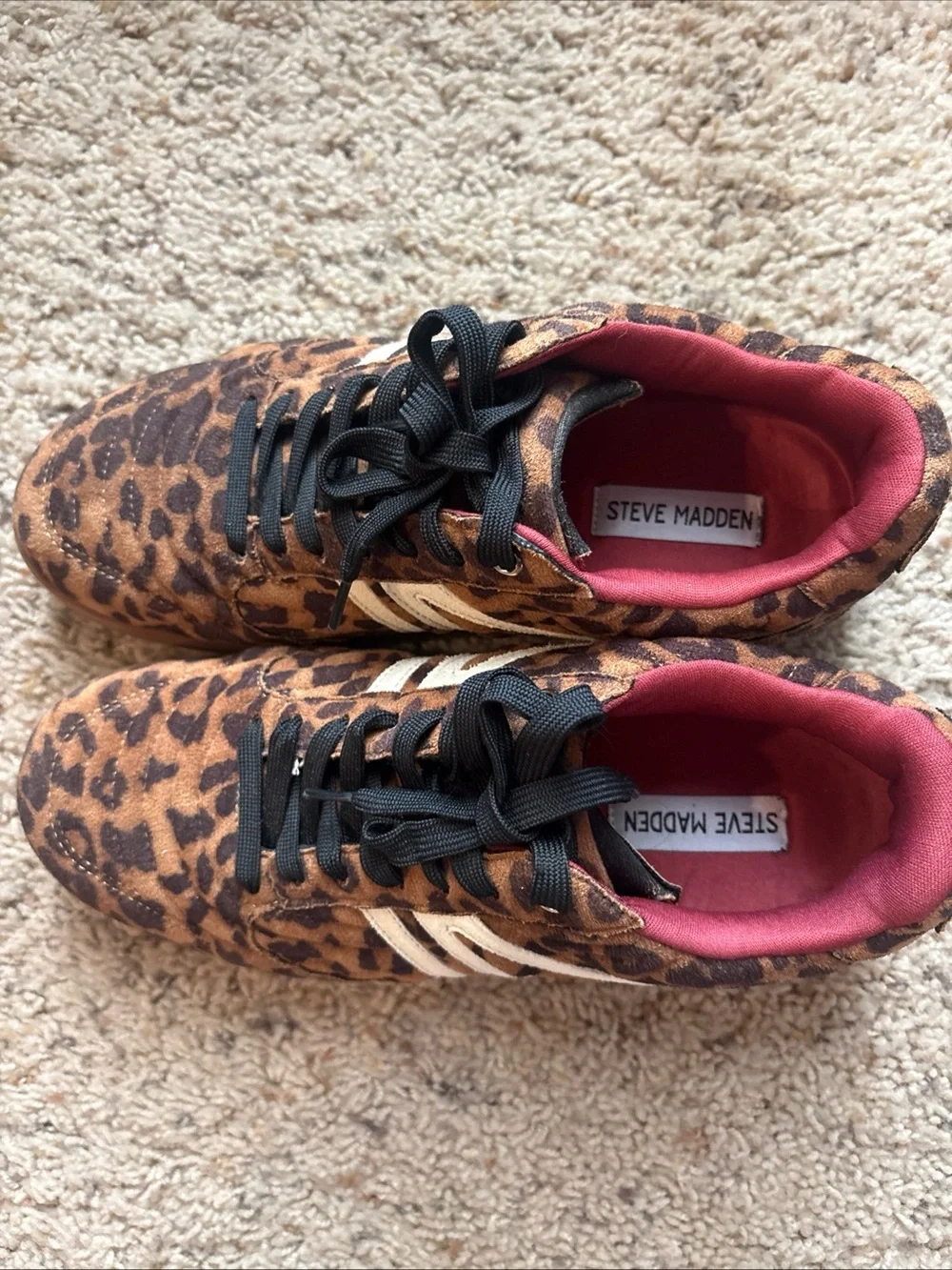 Steve Madden Leopard-Print Sneakers with White Stripes and Pink Lining